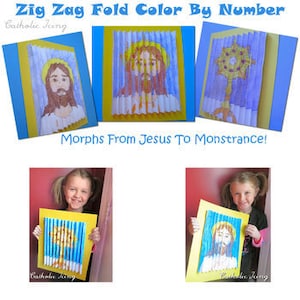 Può includere: Un'attività di colorazione per numeri per bambini che presenta una tecnica di piegatura a zig-zag. L'immagine mostra tre fasi dell'attività: un disegno di Gesù, un disegno di Gesù con una piegatura a zig-zag e un disegno di un ostensorio con una piegatura a zig-zag. Il testo "Zig Zag Fold Color By Number" e "Morphs From Jesus To Monstrance!" è visibile nell'immagine.