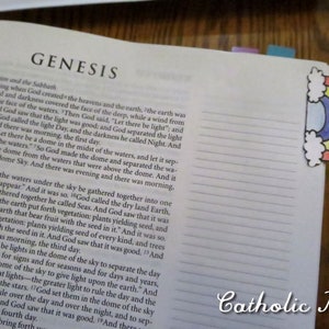 May include: An open book with a rainbow bookmark. The book is titled "Genesis" and has a white background with black text. The bookmark is a rainbow with clouds on either side. The text "Genesis" is written on the bookmark in black.