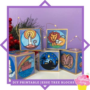 May include: DIY printable Jesse Tree blocks featuring images of a candle, a lion, a star, a boat, and the Ten Commandments. The blocks are painted in blue, yellow, red, and green.