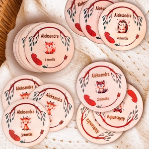 Biglietti per le tappe del bambino Boho Woodland - Grandi dischi mensili personalizzati - Accessori fotografici a tema animale - Set regalo per neonati