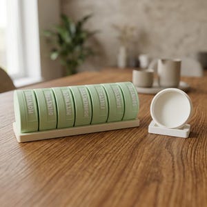 Può includere: Un portapillole settimanale verde chiaro con sette scomparti etichettati per ogni giorno della settimana. Il portapillole poggia su una base rettangolare, con un portapillole bianco abbinato a destra. Il testo è in tedesco.