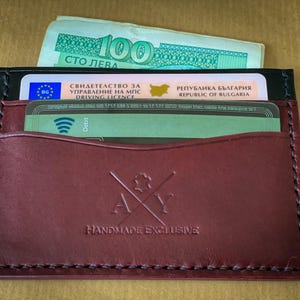 Portafoglio bicolore in pelle Buttero – Nero e Bordeaux – Fatto a mano in pelle pieno fiore italiana conciata al vegetale – Porta carte minimalista per 4 carte con tasca per contanti