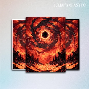 May include: Three framed art prints depicting a fiery, apocalyptic landscape. The artwork features a swirling vortex of red and orange clouds with a dark central orb, and a silhouetted city at the bottom. The text "LULIAFANTASCO" is at the top.