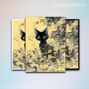 May include: Three art prints featuring a black cat with blue eyes and a starry pattern, surrounded by swirling clouds. The cat is set against a yellow background. The prints are framed in white and black. The text "LULIAFANTASCO" is in the upper right corner.