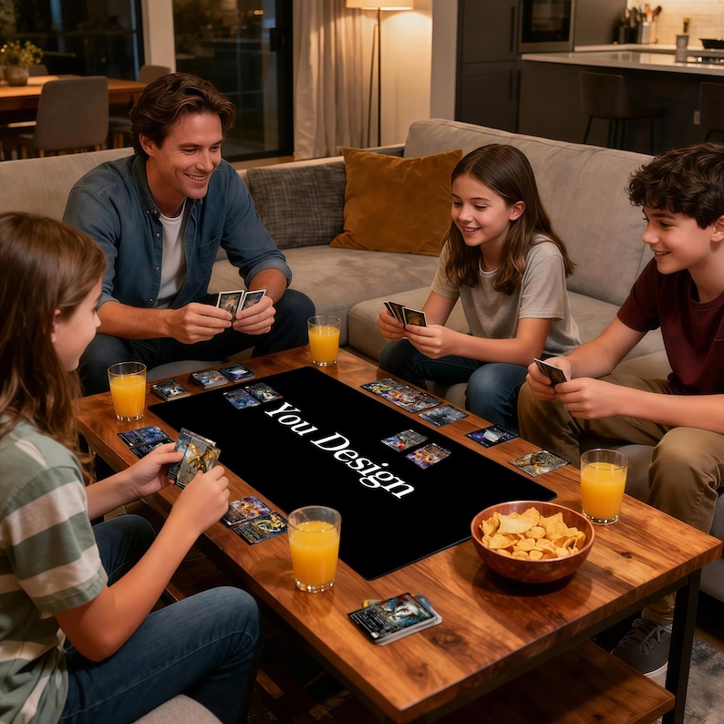 May include: A family is gathered around a wooden coffee table playing a card game. A black mat with the words "You Design" in white is on the table. The table also holds drinks and a bowl of chips.