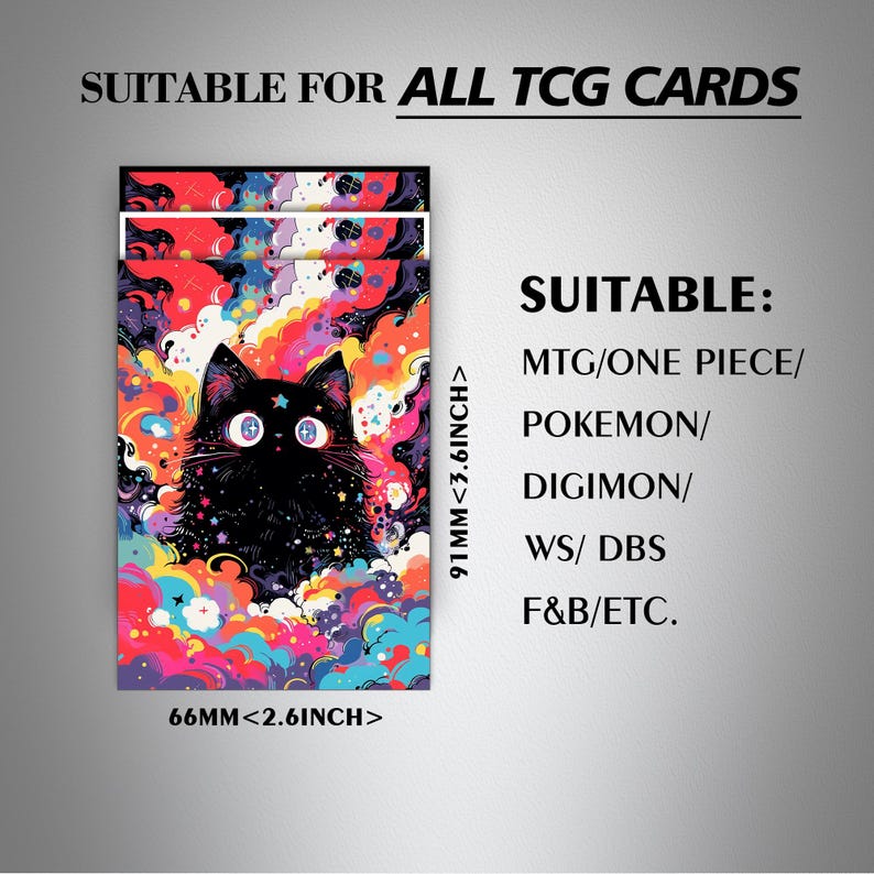 May include: Card storage case with a colorful design featuring a black cat with large eyes. The case is 91mm (3.6 inches) tall and 66mm (2.6 inches) wide. Text on the case indicates it is suitable for TCG cards, including MTG, Pokemon, and Digimon.