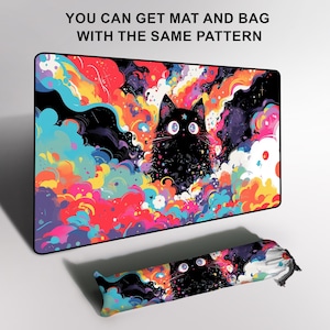 May include: A black cat design on a mousepad and matching bag. The cat has large, light blue eyes and a star on its forehead, set against a colorful, abstract background of clouds in red, orange, yellow, and blue. Text reads: YOU CAN GET MAT AND BAG WITH THE SAME PATTERN.