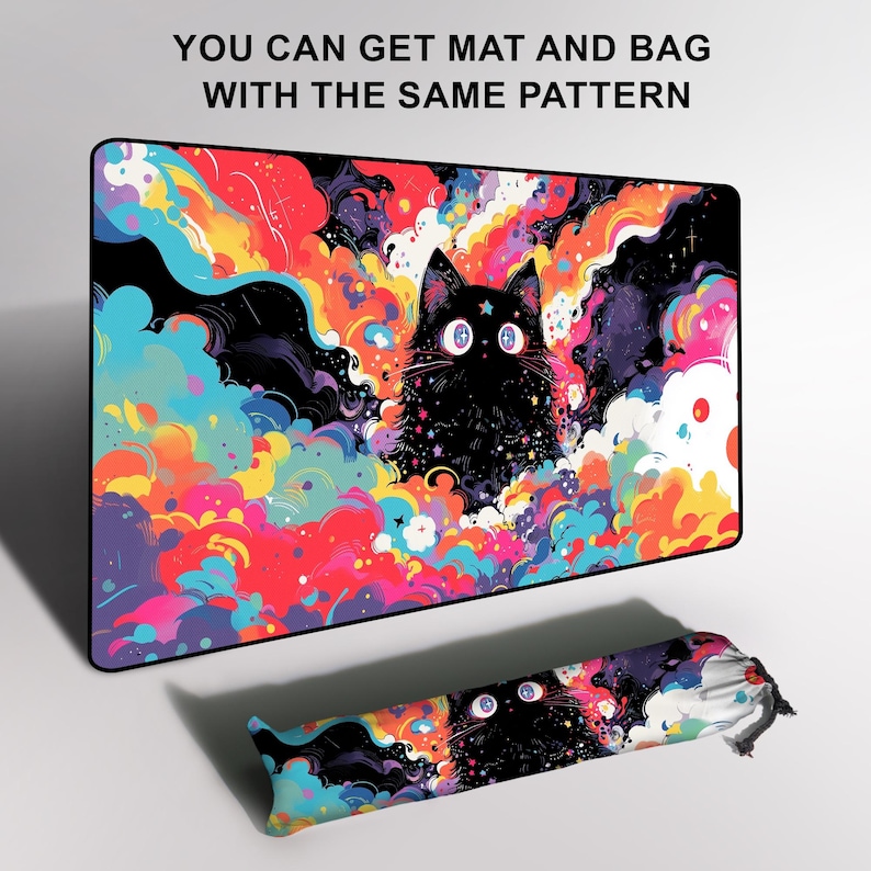 May include: A black cat design on a mousepad and matching bag. The cat has large, light blue eyes and a star on its forehead, set against a colorful, abstract background of clouds in red, orange, yellow, and blue. Text reads: YOU CAN GET MAT AND BAG WITH THE SAME PATTERN.