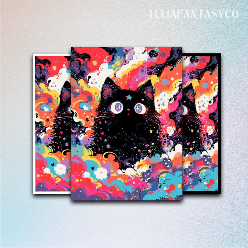 May include: Three framed art prints featuring a black cat with large, expressive eyes and a star on its forehead. The cat is set against a vibrant, colorful background of swirling clouds in shades of red, blue, yellow, and purple. The text "LULIAFANTASCO" is visible.