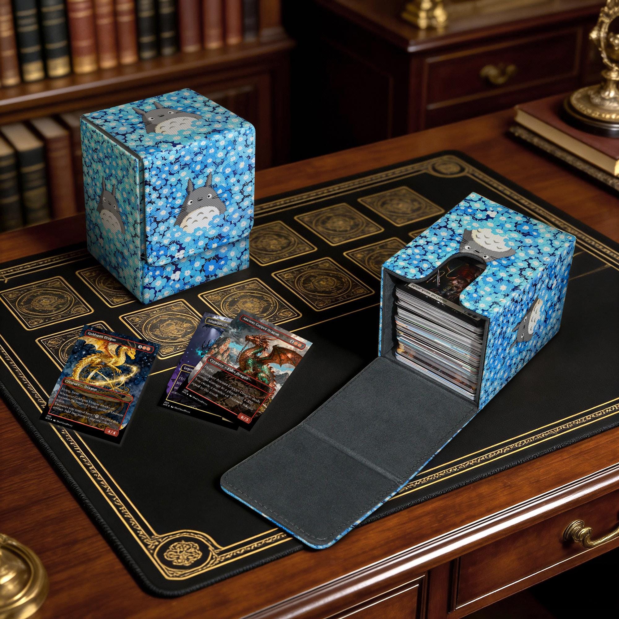 MTG Deck Box - Totoro in Blue Flowers, Custom PU Leather Deck Box