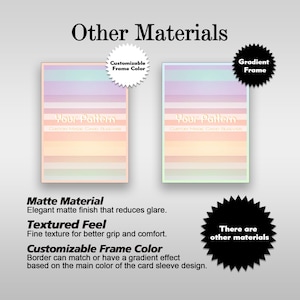Puede incluir: Imagen de dos fundas para tarjetas con un dise&ntilde;o de arco&iacute;ris pastel. El texto "Your Pattern" es visible en cada funda. La imagen tambi&eacute;n incluye texto que describe el material mate, la sensaci&oacute;n texturizada y el color de marco personalizable de las fundas.