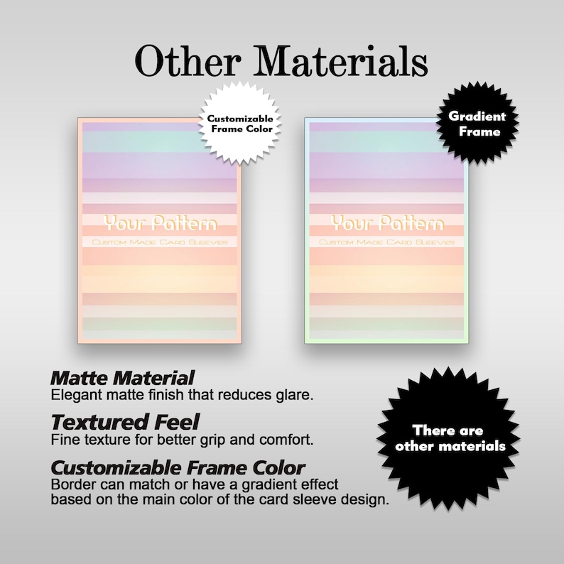 Puede incluir: Imagen de dos fundas para tarjetas con un dise&ntilde;o de arco&iacute;ris pastel. El texto "Your Pattern" es visible en cada funda. La imagen tambi&eacute;n incluye texto que describe el material mate, la sensaci&oacute;n texturizada y el color de marco personalizable de las fundas.