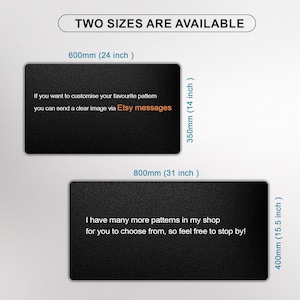 May include: Black rectangular product with text: "TWO SIZES ARE AVAILABLE". The dimensions are 24 inches by 14 inches and 31 inches by 15.5 inches. Text on the product says, "If you want to customize your favorite pattern you can send a clear image via Etsy messages."