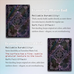 May include: Two rectangular card sleeves featuring a dark purple and black ornate frame design with a central star emblem. The text reads: frameless Matte foil, Reliable Durability, Soft Foil Effect, frameless frosted foil, and Reliable Durability.