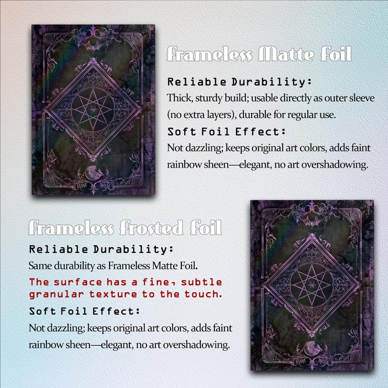 May include: Two rectangular card sleeves featuring a dark purple and black ornate frame design with a central star emblem. The text reads: frameless Matte foil, Reliable Durability, Soft Foil Effect, frameless frosted foil, and Reliable Durability.