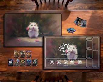 Tappetino da gioco per TCG con un simpatico criceto bianco, accessori per giochi di carte collezionabili, tappetino da scrivania e tappetino per mouse, bordi cuciti, tappetino da gioco MTG, tappetino da gioco per giochi di carte Magic