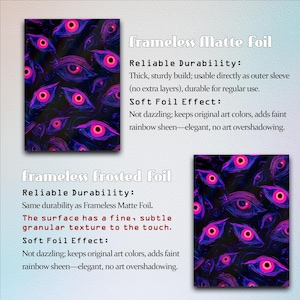 Może przedstawiać: Dwa bezramkowe wydruki foliowe z powtarzającym się wzorem oka w odcieniach fioletu, r&oacute;żu i niebieskiego. Tekst opisuje trwałość i efekt miękkiej folii. Wydruki nadają się do użytku jako zewnętrzna osłona.