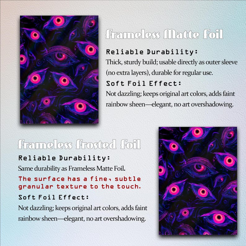 Może przedstawiać: Dwa bezramkowe wydruki foliowe z powtarzającym się wzorem oka w odcieniach fioletu, r&oacute;żu i niebieskiego. Tekst opisuje trwałość i efekt miękkiej folii. Wydruki nadają się do użytku jako zewnętrzna osłona.