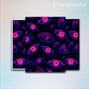 Może przedstawiać: Trzy oprawione wydruki artystyczne z powtarzającym się wzorem stylizowanych oczu w odcieniach r&oacute;żu, fioletu i niebieskiego na czarnym tle. U g&oacute;ry widoczny jest tekst "LULIAFANTASYCO". Grafika ma surrealistyczny, mistyczny motyw.