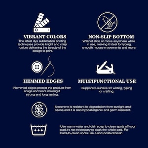 May include: Dark blue background with white text and icons. Features include vibrant colors, non-slip bottom, hemmed edges, and multifunctional use. The material is resistant to sunlight and ozone.