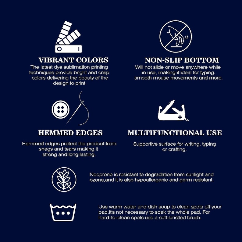 May include: Dark blue background with white text and icons. Features include vibrant colors, non-slip bottom, hemmed edges, and multifunctional use. The material is resistant to sunlight and ozone.