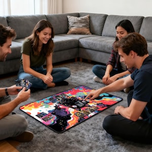 May include: A rectangular game mat with a vibrant, abstract design featuring splashes of color including red, blue, yellow, and purple. The mat is surrounded by people playing a card game, with cards and game pieces visible on the surface.