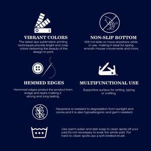 May include: Dark blue background with white text and icons describing product features. Text includes "Vibrant Colors," "Non-Slip Bottom," "Hemmed Edges," and "Multifunctional Use." Additional text details the product's benefits.
