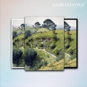 May include: Three framed art prints depicting a whimsical landscape with hobbit-hole homes built into grassy hillsides. The artwork features a winding path, trees, and the text "LULIAFANTASYCO" in the upper right corner. The frames are white, black, and a borderless print.