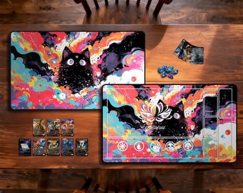 Regenbogen Nebula Katze Tcg Playmat, Zubehör für Sammelkartenspiele, Schreibtischmatte und Mousepad, genähte Kanten