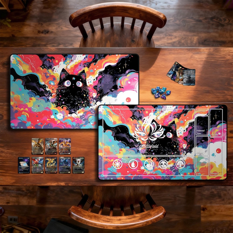 May include: Two rectangular playmats with colorful designs featuring a black cat with large eyes, surrounded by vibrant clouds and bat-like shapes. The mats are on a wooden table, with game cards and dice nearby.