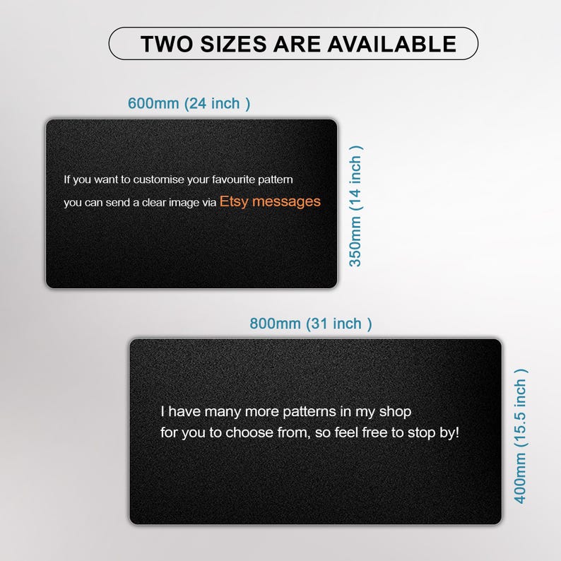 May include: Black rectangular product with text: "TWO SIZES ARE AVAILABLE". The dimensions are 24 inches by 14 inches and 31 inches by 15.5 inches. Text on the product says, "If you want to customize your favorite pattern you can send a clear image via Etsy messages."