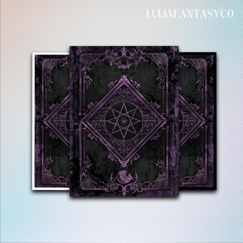 May include: Three rectangular cards featuring a dark purple and black design with intricate filigree borders. A central diamond frame encloses a seven-pointed star symbol. The text LULIAFANTASYCO is printed at the top of the central card.