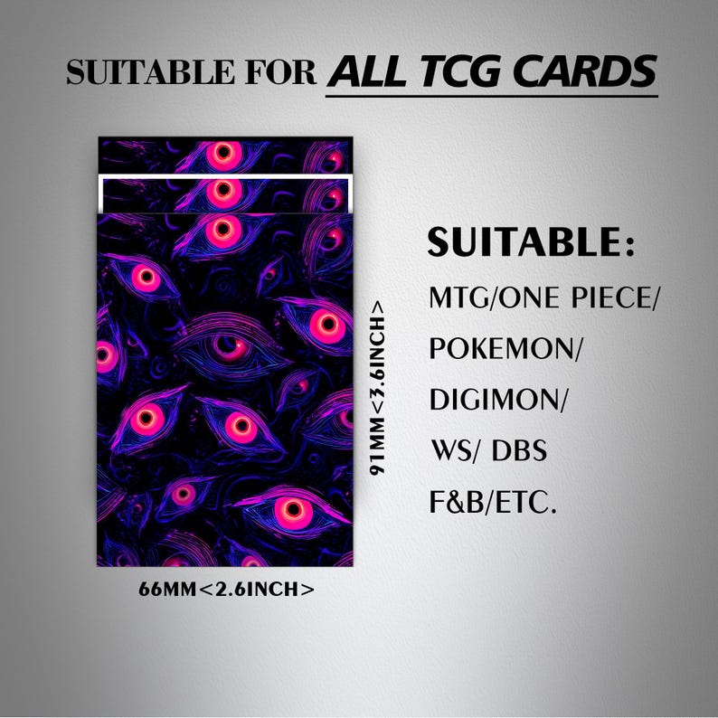 Może przedstawiać: Etui na karty z wzorem r&oacute;żowych i fioletowych oczu na czarnym tle. Tekst na etui brzmi "SUITABLE FOR ALL TCG CARDS". Etui ma 6,6 cm szerokości i 9,1 cm wysokości.