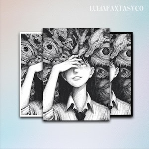 May include: Black and white artwork featuring a person covering their eyes, surrounded by surreal, monster-like figures with multiple eyes. The artwork is framed in black and white. The text "LULIAFANTASCO" is at the top.