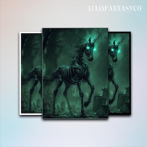 May include: Three framed prints featuring a skeletal unicorn with glowing green eyes and a horn. The artwork is set in a graveyard with a dark, eerie atmosphere. The text "LULIAFANTASYCO" is in the top right corner.