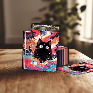 May include: A stack of card sleeves featuring a black cat illustration with colorful, swirling clouds and stars. The text "Vaevictis Asmadi" is at the top. The design is vibrant with shades of red, pink, blue, and yellow.
