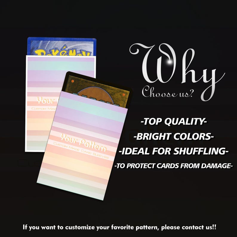 Puede incluir: Fundas para cartas con un dise&ntilde;o de rayas de arco&iacute;ris pastel. Las fundas se muestran con cartas dentro. El texto en las fundas dice "Your Pattern" y "Custom Made Card Sleeves". La imagen tambi&eacute;n incluye el texto "Why Choose us?" y vi&ntilde;etas.