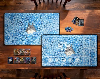 Totoro in Blue Flowers Tcg Playmat, Trading Card Game Accessories, Deskmat and Mousepad,Stitched Edges,mtg Playmat