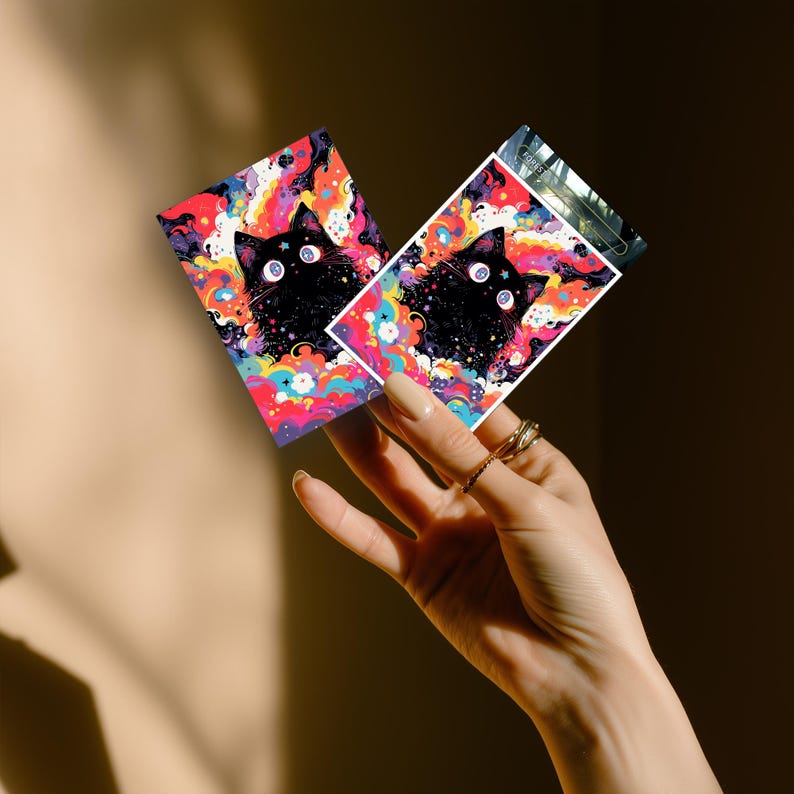 May include: Two rectangular cards featuring a black cat with large, white eyes against a colorful, swirling background of blues, pinks, and yellows. The cat's face is the focal point, with a starry design. The cards are held in a hand.