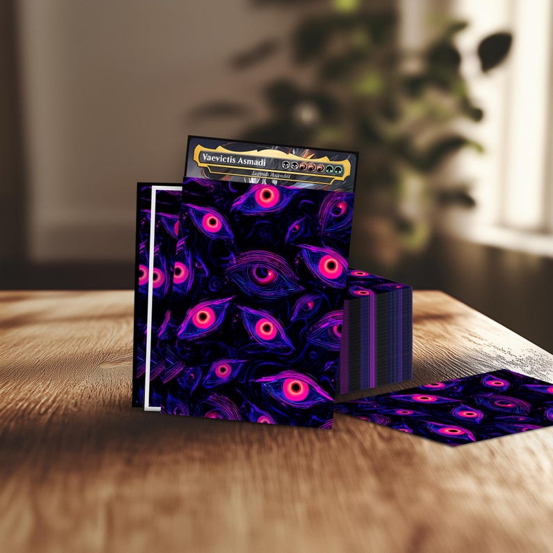 Może przedstawiać: Talia kart do gry z powtarzającym się wzorem świecących r&oacute;żowych i fioletowych oczu na czarnym tle. Na g&oacute;rnej karcie widnieje napis "Vaevictis Asmadi". Karty są ułożone na drewnianej powierzchni.