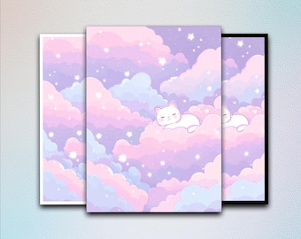 May include: Three framed art prints featuring a dreamy illustration of a white cat resting on a pink and purple cloudscape with stars. The prints have white, black, and no frames. The text "LULIAFANTASCO" is in the upper right corner.