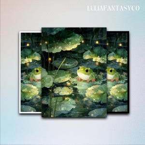 May include: Three framed art prints featuring a serene pond scene with green frogs on lily pads. The artwork has a soft, painterly style with a focus on light and water reflections. The text "LULIAFANTASCO" is visible.