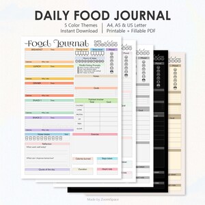 Plantilla de diario de alimentación / A4, A5, tamaño carta (EE. UU.) / PDF rellenable e imprimible / Digital / Registro de comidas, estado de ánimo, agua, calorías, salud y actividad física