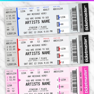 Puede incluir: Tres plantillas de entradas de concierto editables en azul, rojo y rosa. Cada entrada incluye campos para el código de evento ABC01234, sección 123A, fila HH, asiento 12, admisión adulto y texto con ANY MESSAGE HERE, ARTISTS NAME y STADIUM / PLACE.