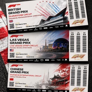 May include: Three rectangular 2026 Formula 1 event tickets for the British, Las Vegas, and Chinese Grand Prix. Each ticket features a unique venue illustration, a QR code, a barcode, event dates, and sponsor logos including LVMH, Pirelli, and AWS.