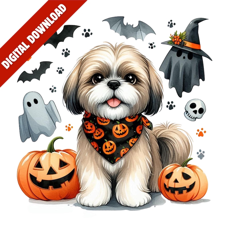 Halloween Shih Tzu PNG Digital Download Cute Dog Clipart With Pumpkins ...