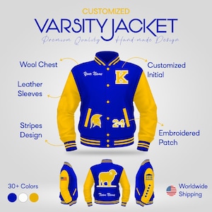 Custom Varsity Jacket Letterman , Personalized School Team Jacket Featuring Chenille Patches and Custom Team Name