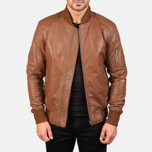 Men’s MA-1 Brown Sheep Leather Bomber Jacket – Military Flight Aviator Style Outerwear – Classic Pilot Winter Jacket- Bomber jacket