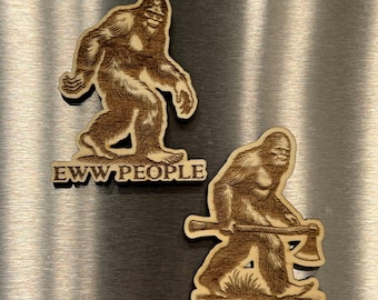 Bigfoot trämagnet | Försvinn | Ej människor | Set med 2 alternativ | Sasquatch