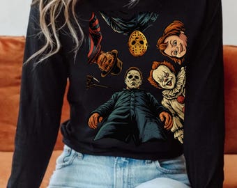 Retro Horror Film Komfort Farben Shirt : Halloween Charaktere Tee